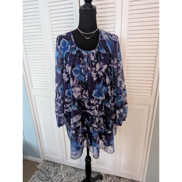 Terra & Sky Top Women's 4X Blouse Purple Floral Mesh Peasant Boho Hippie Tiered - Picture 1 of 11